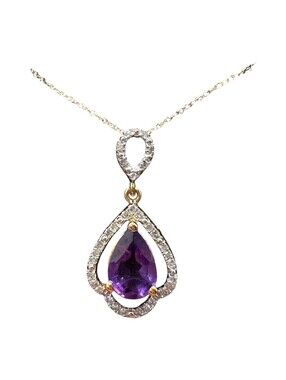 Amethyst Diamond Necklace in 10kt Yellow Gold Pear Cut 0.15ctw 18in New